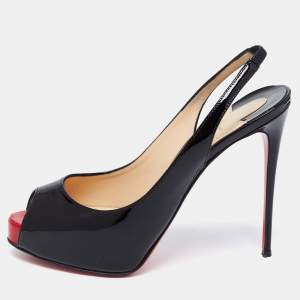 Christian Louboutin Black Patent Leather Private Number Slingback Sandals Size 36.5