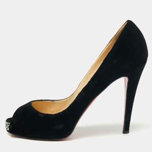 حذاء كعب عالي كريستيان لوبوتان فيري بريف قطيفة أسود مقدمة مفتوحة مرصعة كريستال  مقاس 40.5