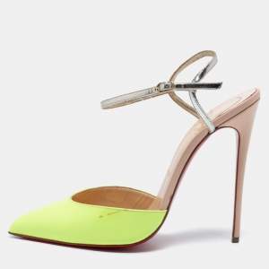 Christian Louboutin Neon Yellow/Silver Patent and Leather Riverina Ankle-Strap Sandals Size 41