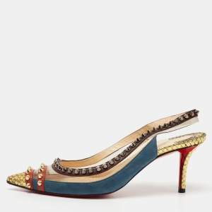 Pre Owned Christian Louboutin Multicolor Suede And PVC Manovra Slingback Pumps Size 38 