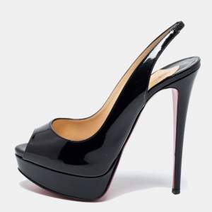 Pre Owned Christian Louboutin Black Patent Leather Lady Peep Toe Platform Pumps Size 38