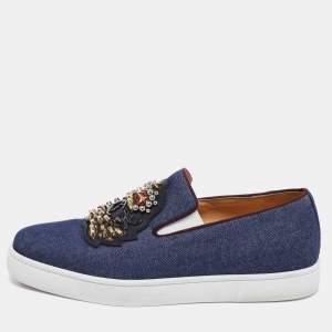 مملوكة مسبقًا Christian Louboutin Blue Denim Embellished Slip-On Sneakers Size 39