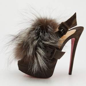 مملوكة مسبقًا Christian Louboutin Brown Suede Splash Fur Platform Slingback Sandals Size 37.5