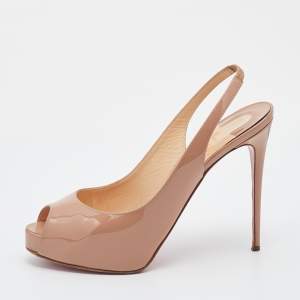 Pre Owned Christian Louboutin Beige Patent Leather Private Number Platform Peep Toe Slingback Sandals Size 38.5