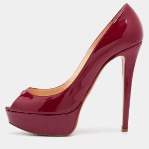Pre Owned Christian Louboutin Magenta Pink Patent Leather Lady Peep Toe Platform Pumps Size 38.5