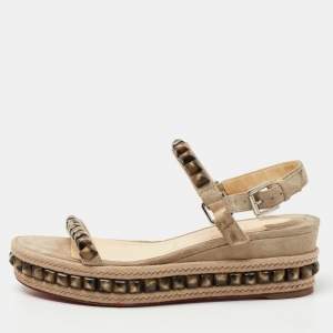 Christian Louboutin Beige Suede Cataclou Studded Espadrille Platform Wedge Sandals Size 38