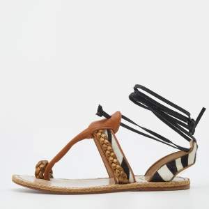 Christian Louboutin Multicolor Leather And Calf Hair Hola Chica Toe Ring Flat Sandals Size 37