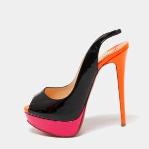 Christian Louboutin Tri-Color Patent Leather Lady Peep Slingback Sandals Size 36.5