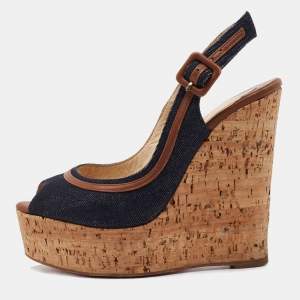 Christian Louboutin Navy Blue Denim Une Plume Cork Wedge Sandals Size 35