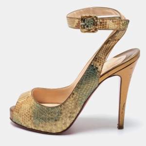 Christian Louboutin Beige Python Leather Peep Toe Ankle Strap Sandals Size 36