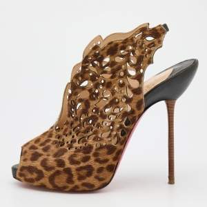 Christian Louboutin Brown Leopard Print Calf Hair Laser Cut Out Markesling Slingback Booties Size 40