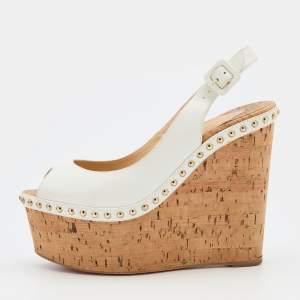 مملوكة مسبقًا Christian Louboutin White Leather Monico Slingback Cork Platform Wedge Pumps Size 37