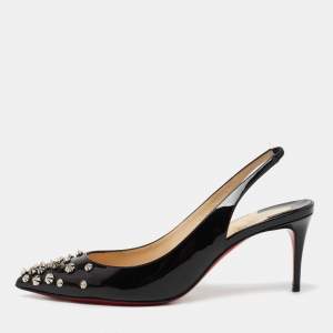 Christian Louboutin Black Patent Leather Drama Studded Slingback Sandals Size 38