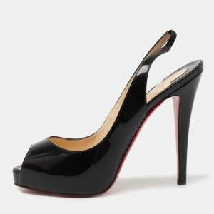 Christian Louboutin Black Patent Leather Private Number Peep Toe Slingback Sandals Size 38.5