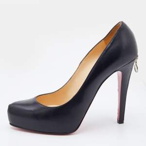 مملوكة مسبقًا Christian Louboutin Black Leather Rolando Zip Detail Heel Platform Pumps Size 38.5