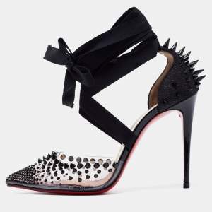 مملوكة مسبقًا Christian Louboutin Black Glitter Suede and PVC Spike Accent Ankle Wrap Pumps Size 36.5