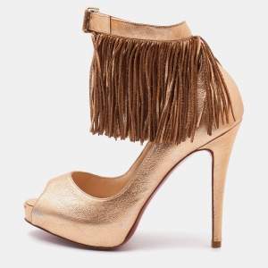 مملوكة مسبقًا Christian Louboutin Gold Leather Tina Fringe Detail Ankle Strap Pumps Size 37