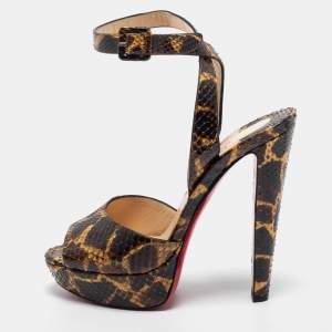 Christian Louboutin Brown/Yellow Python Leather Peep Toe Platform Ankle Strap Sandals Size 39