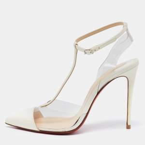 Christian Louboutin White Patent Leather and PVC Nosy T-Strap Sandals Size 37