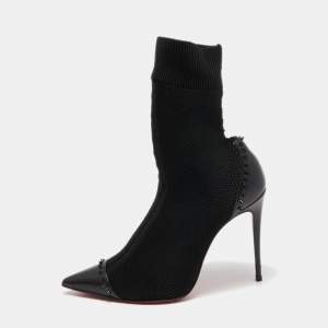 Pre Owned Christian Louboutin Black Knit Fabric and Studded Leather Dovi Dova Sock Boots Size 38