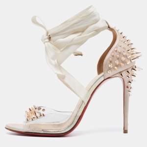Christian Louboutin Beige Studded Leather and PVC Barbarissima Ankle Tie Sandals Size 37