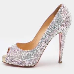 Christian Louboutin Pink Suede Crystal Embellished New Riche Peep Toe Pumps Size 38