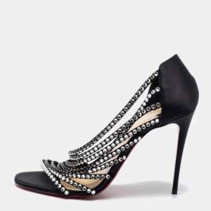 مملوكة مسبقًا Christian Louboutin Black Satin Strass Norina Sandals Size 38.5