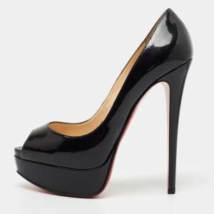 Christian Louboutin Black Patent Leather Very Prive Peep Toe Platform Pumps Size 37