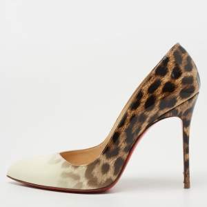 Christian Louboutin Cream/Brown Leopard Print Patent Leather Corneille Pumps Size 37