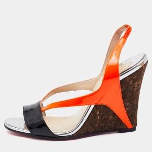 Christian Louboutin Orange/Black Patent Leather Yasmine Slingback Wedge Sandals Size 37