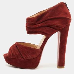 Christian Louboutin Rust Red Suede Pleated Bandra Zip Platform Sandals Size 37