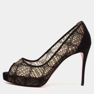 Christian Louboutin Black Lace and Suede Very Lace Peep Toe Pumps Size 36.5