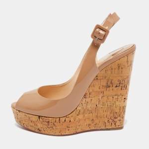 Christian Louboutin Beige Patent Leather Peep Toe Ankle Strap Wedge Sandals Size 40.5