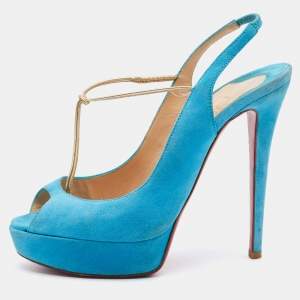 Christian Louboutin Blue/Gold Suede Alta Spritney Platform Slingback Pumps Size 39