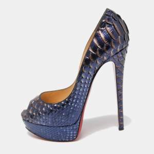 Christian Louboutin Metallic Blue Python Lady Peep Toe Pumps Size 37
