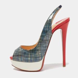 مملوكة مسبقًا Christian Louboutin Tricolor Printed Patent Leather Lady Peep Slingback Pumps Size 36.5
