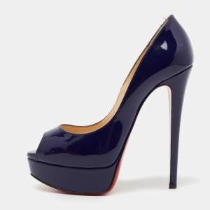 Pre Owned Christian Louboutin Dark Blue Patent Leather Lady Peep Pumps Size 36.5