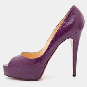 Pre Owned Christian Louboutin Purple Python Hyper Prive Platform Peep Toe Pumps Size 38.5