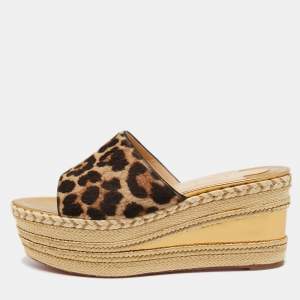 Christian Louboutin Brown/Beige Calf Hair Myriama Leopard Wedges Sandals Size 41
