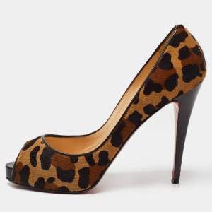 Christian Louboutin Brown Leopard Print Calf Hair Very Prive Peep Toe Pumps Size 40.5