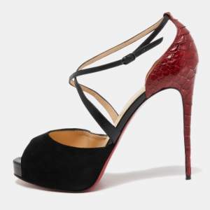 Christian Louboutin Black/Dark Red Leather, Suede and Python Cross Me Sandals Size 40.5