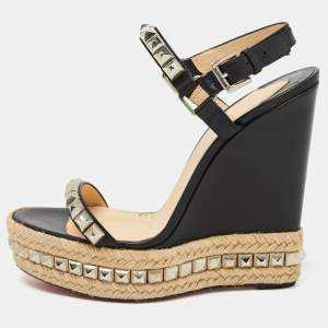 Christian Louboutin Black Leather Pyraclou Espadrille Wedge Sandals Size 41