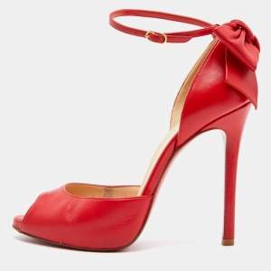 مملوكة مسبقًا Christian Louboutin Red Leather Dos Noeud Bow Ankle Strap Pumps Size 36.5