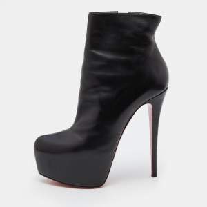 Pre Owned Christian Louboutin Black Leather Platform Ankle Length Boots Size 41