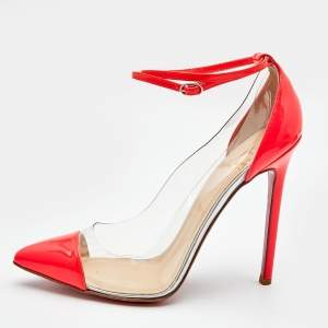 Christian Louboutin Neon Coral Patent Leather and PVC Bis Un Bout Ankle Length Pumps Size 38.5