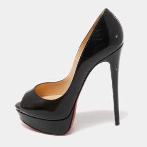 Pre Owned Christian Louboutin Black Patent Leather Lady Peep Platform Pumps Size 37