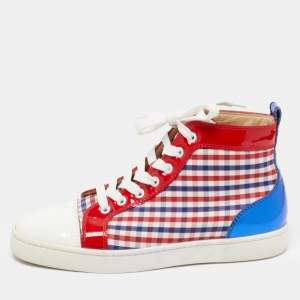 Christian Louboutin Tricolor Patent Leather and Plaid Fabric Louis High Top Sneakers Size 40
