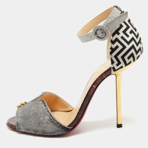 Christian Louboutin Tricolor Calf Hair and Printed Fabric Notte Bella Sandals Size 37