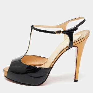 Christian Louboutin Black Patent Leather Peep Toe T-Bar Ankle Strap Sandals Size 37.5