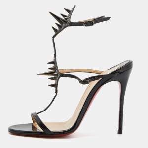 Christian Louboutin Black Patent Leather Lady Max Spike Ankle Strap Sandals Size 37